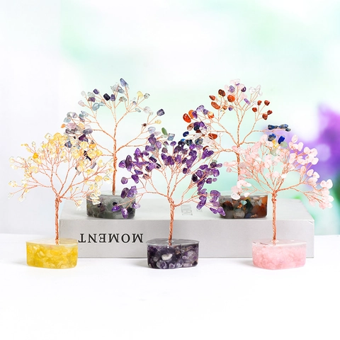 Crystal Money Tree Natural Gemstone Chips Handmade Copper Wire Bonsai Healing Reiki Home Office Desk Decor Heart Base