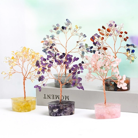 Crystal Money Tree Natural Gemstone Chips Handmade Copper Wire Bonsai Healing Reiki Home Office Desk Decor Heart Base
