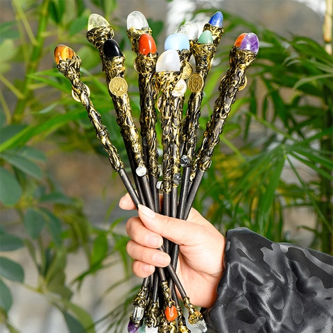 Natural Crystal Twelve Constellations Magic Wand Vintage Metal Core Wizard Wand For Home Decor Astrology Lovers Gift