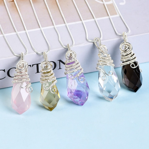 Handgefertigte Drahtumwickelte Naturkristall Anhänger Halskette Amethyst Rosenquarz Hexagonaler Stein Schmuck Für Damen