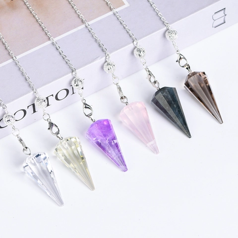 Natuurlijk Kristal Pendel 12 Gefacetteerde Zeshoekige Kegel Healing Steen Waarzeggerij Tool Met Zilveren Ketting
