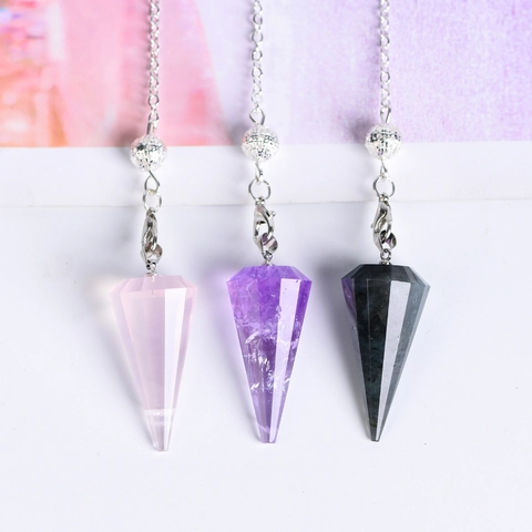 Natuurlijk Kristal Pendel 12 Gefacetteerde Zeshoekige Kegel Healing Steen Waarzeggerij Tool Met Zilveren Ketting