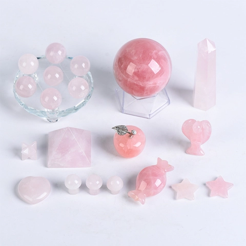 Set Regalo in Cristallo di Quarzo Rosa Naturale Pietra Curativa Sfera Pilastro Piramide Angelo Mela Stella Cuore Ornamenti Casa