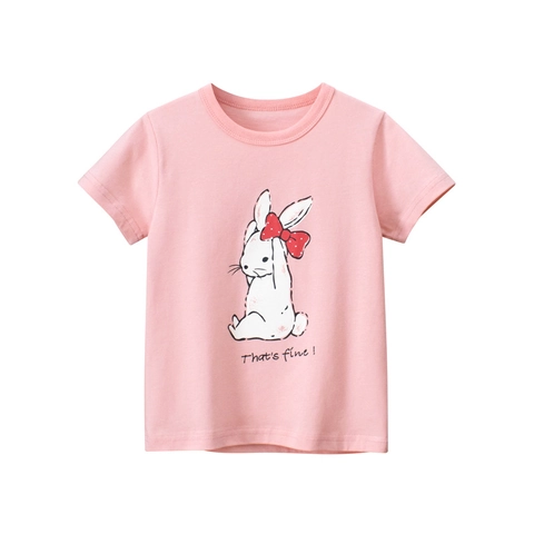 Girls Cotton T-Shirt Short Sleeve Round Neck Cartoon Rabbit Print Soft Breathable Summer Top Kids