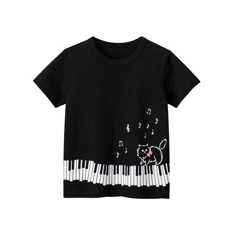 Mädchen Kurzarm T-Shirt Reine Baumwolle Atmungsaktiv Rundhals Klaviertasten Katze Musik Druck Sommer Oberteile Für Kleinkinder