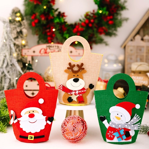 Cartoon Christmas Gift Bag Felt Non-Woven Fabric Candy Tote With 3D Santa Snowman Elk Pattern For Holiday Party Decor