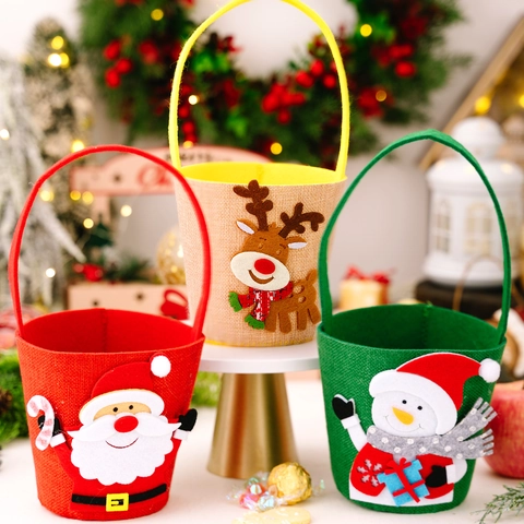 Weihnachten Cartoon Filz Geschenktüte Süßigkeiten Eimer Mit Griff Weihnachtsmann Schneemann Rentier Muster Festliche Party Deko