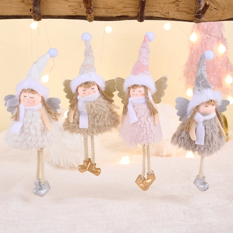 Christmas Angel Plush Doll Hanging Pendant With Sequin Wings Cute Girl Xmas Tree Ornament For Home Party Decor