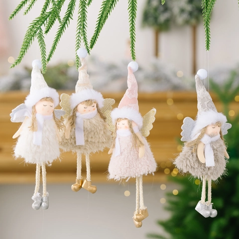 Christmas Angel Plush Doll Hanging Pendant With Sequin Wings Cute Girl Xmas Tree Ornament For Home Party Decor