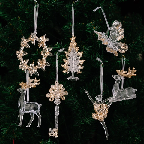 Adornos para Árbol de Navidad de Acrílico Transparente Lentejuelas Doradas Reno Estrella Copo de Nieve Mariposa Colgantes