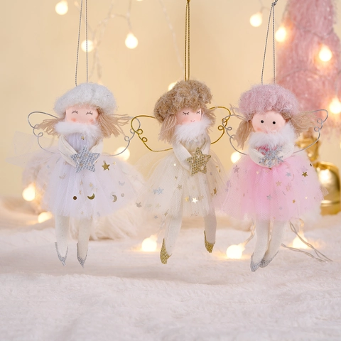 Bambola Angelo di Natale Ornamento Sospeso Peluche Ali di Rete Stella Decorazione Per Albero Casa Festa