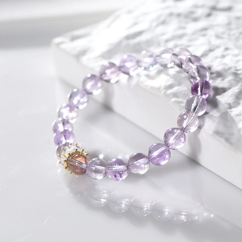 Natural Amethyst Round Beads Bracelet For Women Gold Plated Crown Charm Elastic Jewelry Handmade Purple Crystal Bracelet Gift
