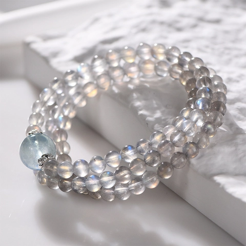 Bracciale Con Perline In Pietra Di Luna Grigia Naturale E Labradorite Con Accento In Acquamarina Gioielli Avvolgenti Elegante Stile Retrò