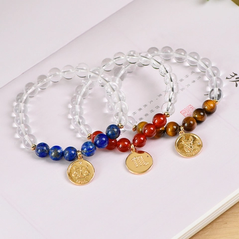 Bracciale Zodiacale in Cristallo Bianco Naturale Ciondolo in Metallo Placcato Oro 12 Costellazioni Gioielli in Pietre Per Uomo Donna