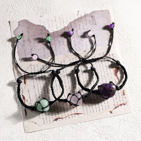 Handmade Natural Gemstone Crystal Woven Bracelet Net Pocket Macrame Adjustable Healing Stone Vintage Boho Jewelry