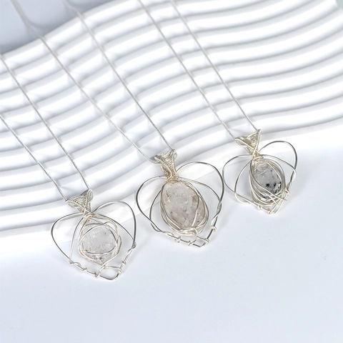Heart Pendant Necklace Natural Crystal Hand Wire Wrapped Clear Quartz Silver Plated Copper Wire Boho Jewelry Gift For Women