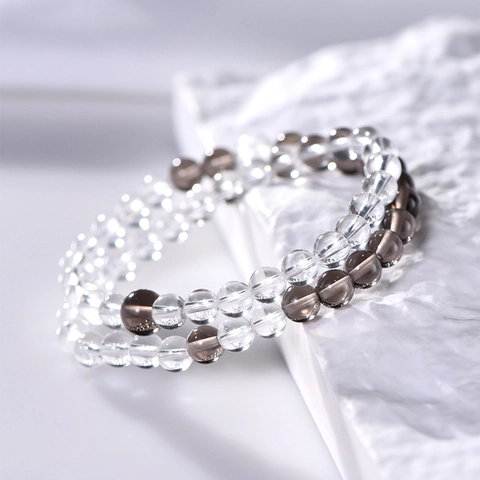 Bracciale Con Perline Avvolte In Cristallo Bianco Naturale E Quarzo Fumè Perline Tonde Gioielli Stile Zen Minimalista Unisex
