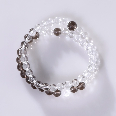 Bracciale Con Perline Avvolte In Cristallo Bianco Naturale E Quarzo Fumè Perline Tonde Gioielli Stile Zen Minimalista Unisex