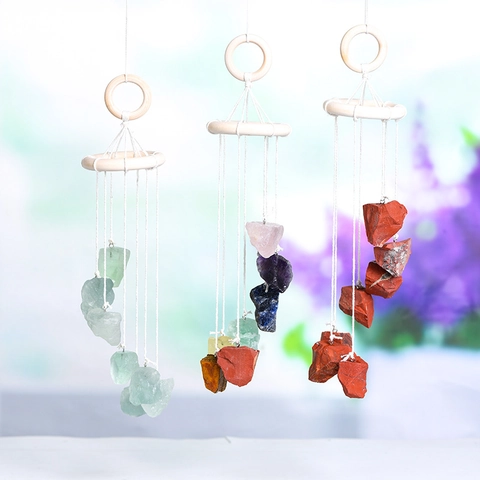 Handmade Natural Raw Stone Crystal Wind Chime With Wood Ring Cotton Rope Bohemian Hanging Ornament For Home Garden Decor Wall Hanging