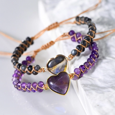 Handmade Woven Heart Shaped Amethyst Labradorite Natural Stone Adjustable Bracelet Bohemian Ethnic Style Jewelry