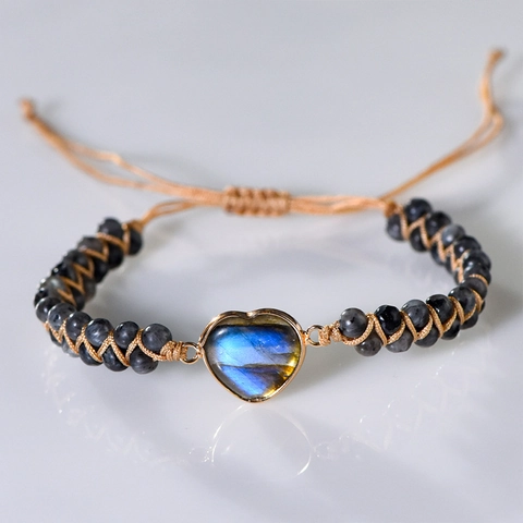 Handmade Woven Heart Shaped Amethyst Labradorite Natural Stone Adjustable Bracelet Bohemian Ethnic Style Jewelry