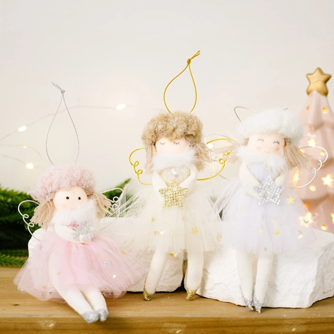Bambola Angelo di Natale Ornamento Sospeso Peluche Ali di Rete Stella Decorazione Per Albero Casa Festa