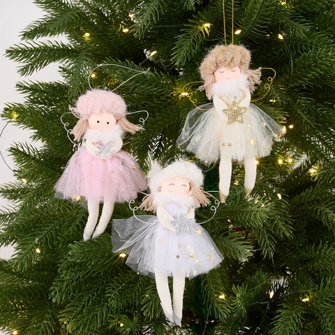 Christmas Angel Doll Hanging Decoration Plush Mesh Star Girl Ornament For Christmas Tree Home Decor Pink White Beige