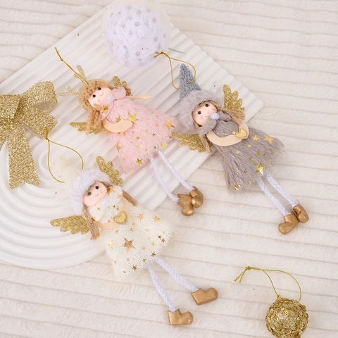 Christmas Angel Plush Doll Hanging Pendant For Christmas Tree Decoration Cute Fairy Girl With Sequin Wings Star Mesh Skirt Holiday Party Home Decor
