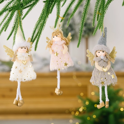 Christmas Angel Plush Doll Hanging Pendant For Christmas Tree Decoration Cute Fairy Girl With Sequin Wings Star Mesh Skirt Holiday Party Home Decor