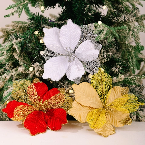Künstliche Weihnachts-Poinsettia Glitzer Hohlgeflecht Stoff Blumenstiele Für Weihnachtsbaum Party Dekoration Zuhause Dekor