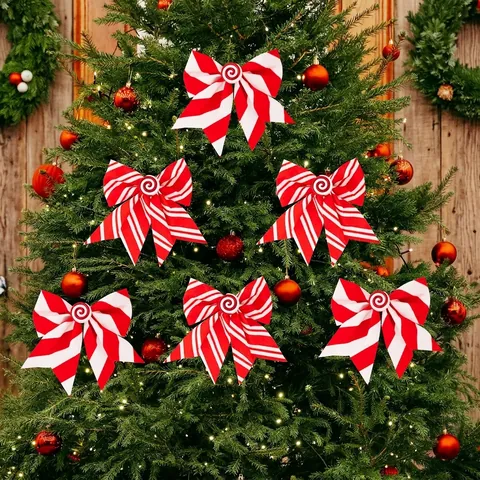 Christmas Tree Hanging Bow Decoration Red White Candy Striped Fabric Ribbon Bows With Peppermint Spiral Button Holiday Decor