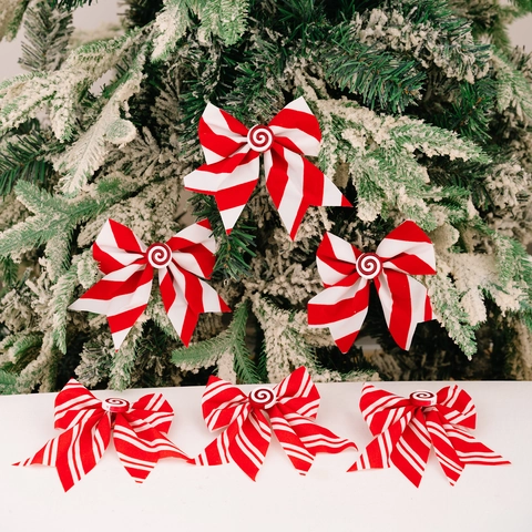 Christmas Tree Hanging Bow Decoration Red White Candy Striped Fabric Ribbon Bows With Peppermint Spiral Button Holiday Decor