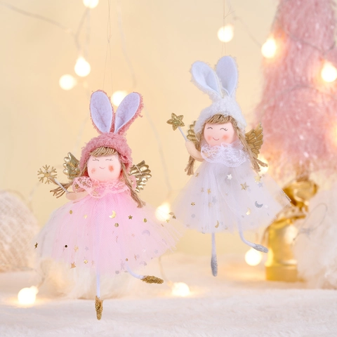 Colgante de Ángel con Orejas de Conejo de Navidad Muñeca de Peluche Decoración Colgante Con Falda de Malla Ala Para Árbol de Navidad