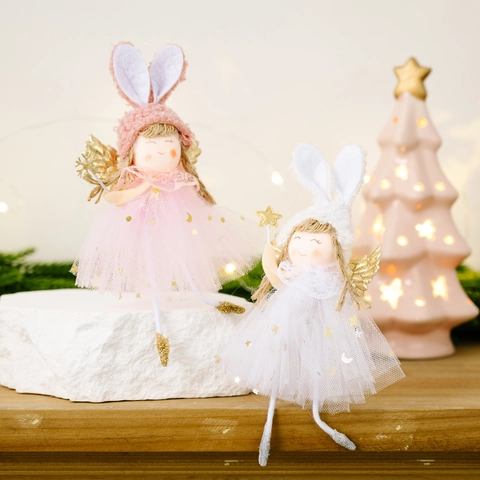 Colgante de Ángel con Orejas de Conejo de Navidad Muñeca de Peluche Decoración Colgante Con Falda de Malla Ala Para Árbol de Navidad