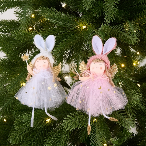 Pendente Bambola Ragazza Angelo Orecchie di Coniglio Maglia Paillettes Tessuto Ali d'Angelo Stella Albero di Natale