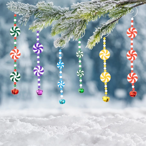 Adornos de Campana de Caramelo de Navidad Bastón de Cuentas Rojo Blanco Piruleta Decoración Colgante Cuentas Coloridas Caramelo Espiral Campana