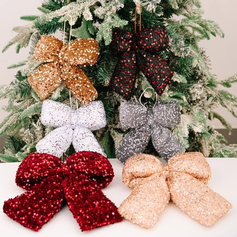Large Sequin Christmas Bow Decoration For Christmas Tree Shiny Glitter Bowknot Hanging Ornament For Wedding Party Home Decor
