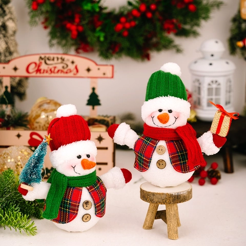 Muñeco de Nieve de Navidad de Peluche con Luces LED Adornos Con Gorro de Punto Chaleco de Cuadros Para Decoración de Mesa Hogar