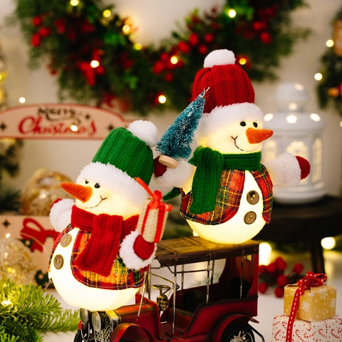 Adorno de Muñeco de Nieve de Navidad Brillante Con Luces LED Chaleco de Cuadros Mini Árbol Figurilla de Muñeco de Nieve para Decoración de Mesa Hogar Fiesta