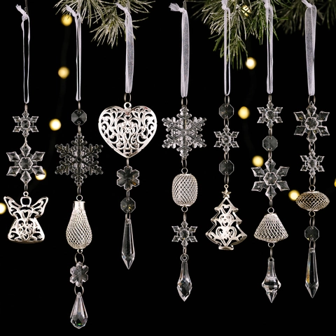 Pendentifs Flocons de Neige en Acrylique Transparent Décorations de Noël en Fer Argenté pour Fête à la Maison