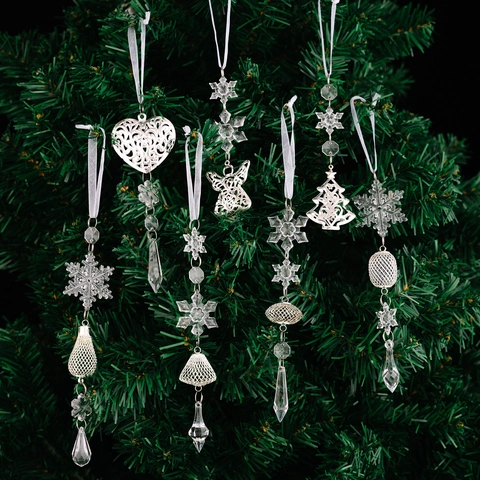 Pendentifs Flocons de Neige en Acrylique Transparent Décorations de Noël en Fer Argenté pour Fête à la Maison
