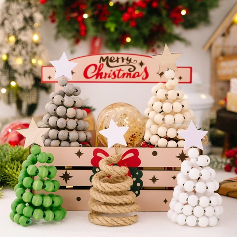 Holzperlen Hanfseil Weihnachtsbaum Desktop Mini Spirale Ornament Mit Sternspitze Für Feiertagsparty Zuhause Büro Dekor