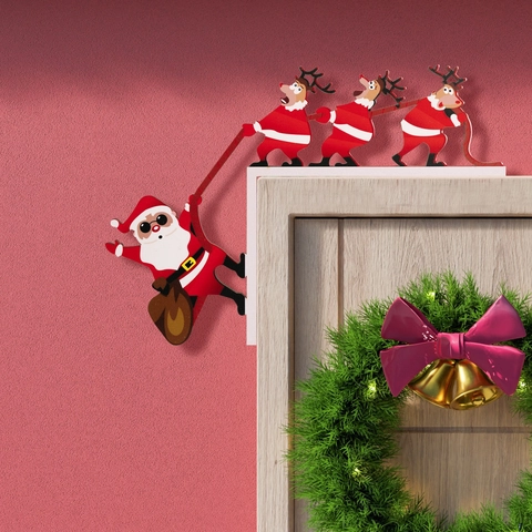 Christmas Door Frame Decoration Santa Claus Reindeer Wood Corner Ornament L-Shaped Festive Home Window Decor Hanger