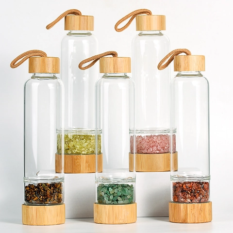 Botella De Agua Con Infusión De Cristal Natural Vidrio Borosilicato Taza Energía Cuarzo Sanador Con Tapa De Bambú O Acero