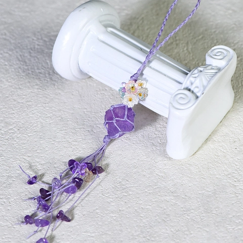 Handmade Natural Crystal Raw Stone Woven Hanging Ornament Amethyst Rose Quartz Citrine Fluorite Mesh Bag Pendant Flower Decor Bag Charm