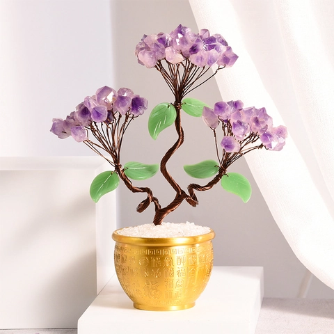 Amethyst Crystal Lucky Money Tree Gold Ceramic Basin Natural Stone Bonsai Ornament Home Office Decor Healing Crystal Tree