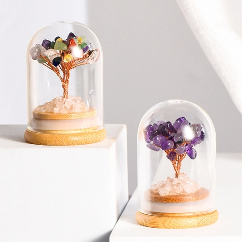 Natural Crystal Gravel Money Tree In Glass Dome Handmade Copper Wire Tree With Wood Base Healing Stone Bonsai Ornament Desktop Decor