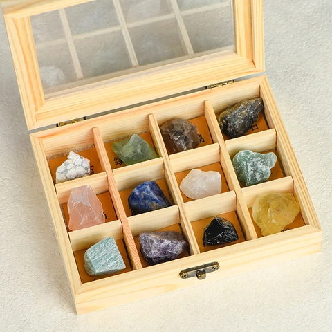 Collezione Specimi Minerali Cristallo Naturale 12 Griglie Scatola Legno Pietre Grezze Decorazione Ufficio Casa Regalo