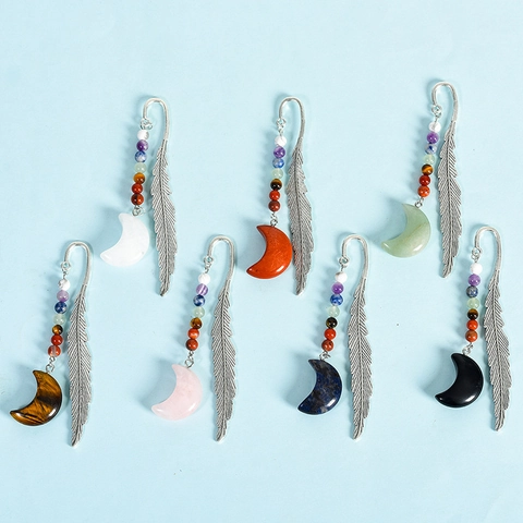 Metalen Veer Bladwijzer Met Chakra Kralen Natuursteen Halve Maan Hanger Vintage Spiritueel Cadeau Voor Vrouwen