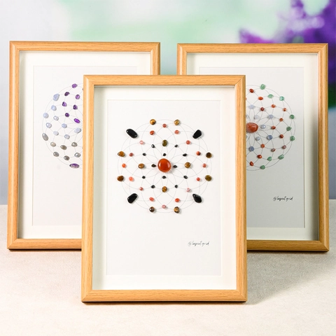 Natürliche Kristallgitter Mandala Wandkunst Dekor Massivholzrahmen Spirituelle Heilung Meditation Stein Mandala Bild Haus Geschenk
